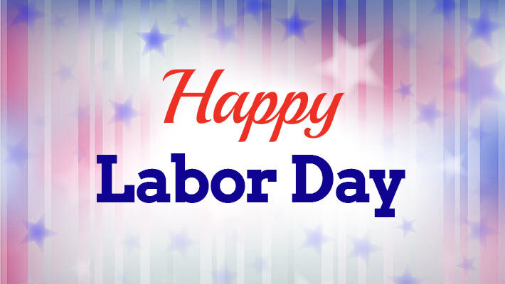 Stars and decending stripes in the background and text that reads Happy Labor Day.