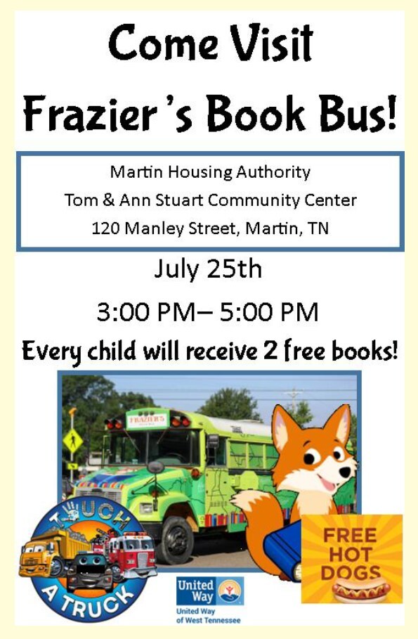 Fraziers Book Bus Flyer. All information on this flyer is listed above.