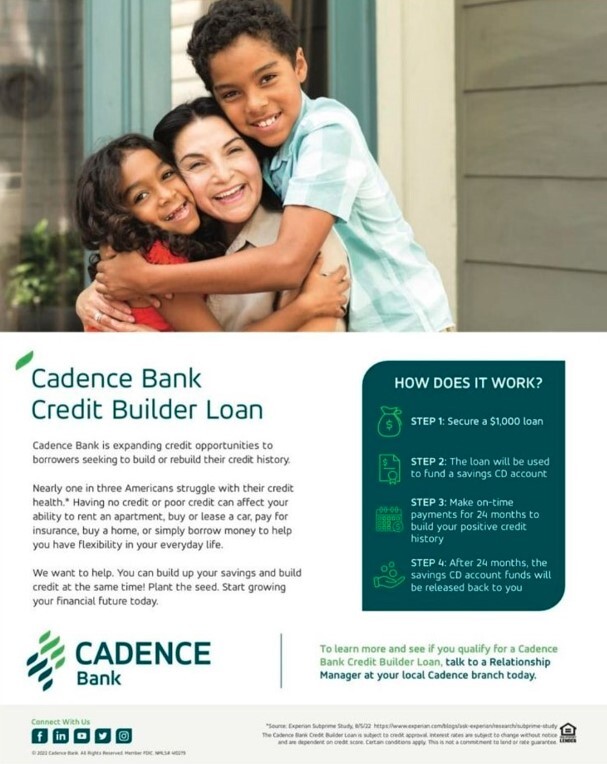 Cadence Bank Credit Builder Loan Flyer. All information on this flyer is listed above.